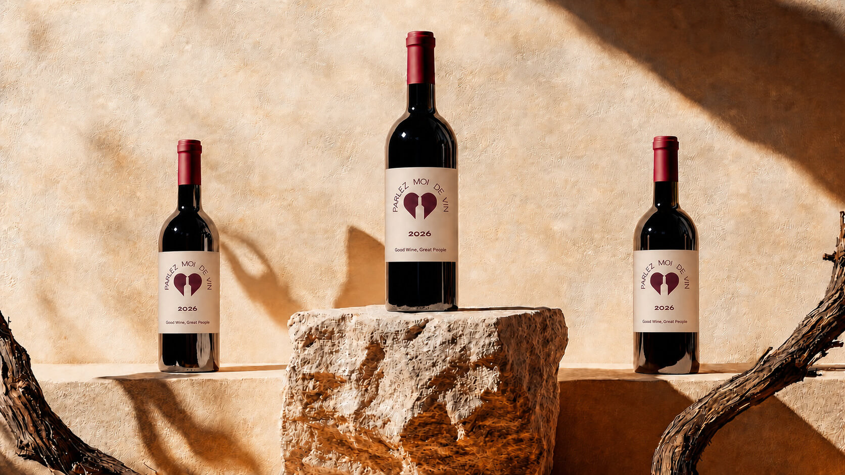 Trois bouteilles de vin Parlez-moi de Vin sur un mur ensoleillé, parmi les ceps de vigne